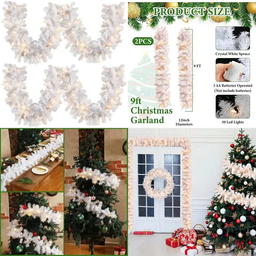 

Battery-Powered LED Lighted Faux Spruce Garland, 9 Feet, 2 Pieces, White for Indoor Holiday Decor