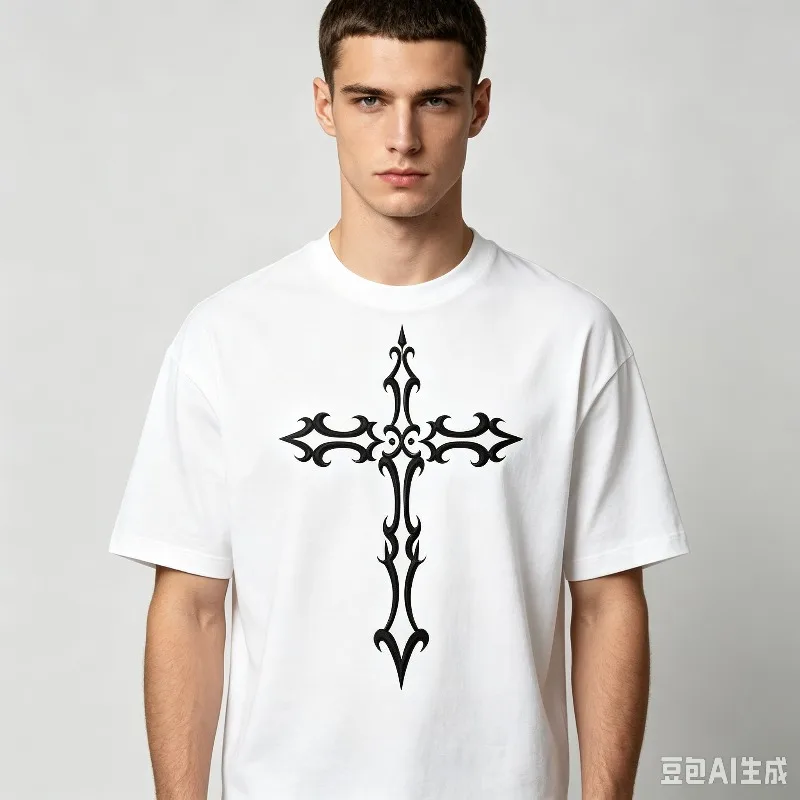 Silver Ornate Cross Graphic T-Shirt Men’s Gothic Religious Print Soft Modal Crewneck Tee Casual Top for Street Biker Gym Wear