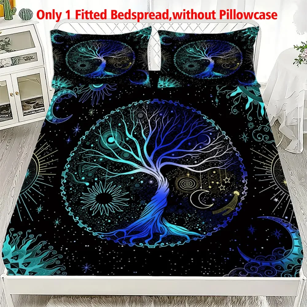 1pc Tree of Life Sun & Moon Print Fitted Sheet Deep Pocket Elastic Mattress Cover Single Double Queen King Bedroom Decor