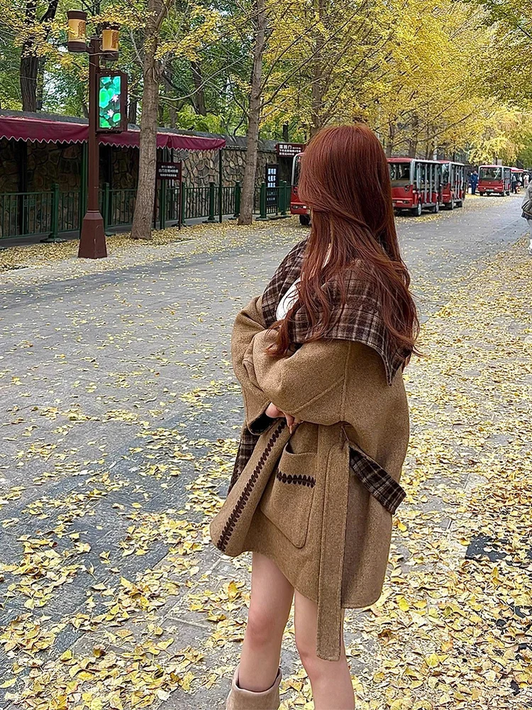 

Syj Comfortable Home High-End Retro Style Plaid Hooded Cloak Woolen Coat Women's Autumn Winter Versatile Slimming Outerwear