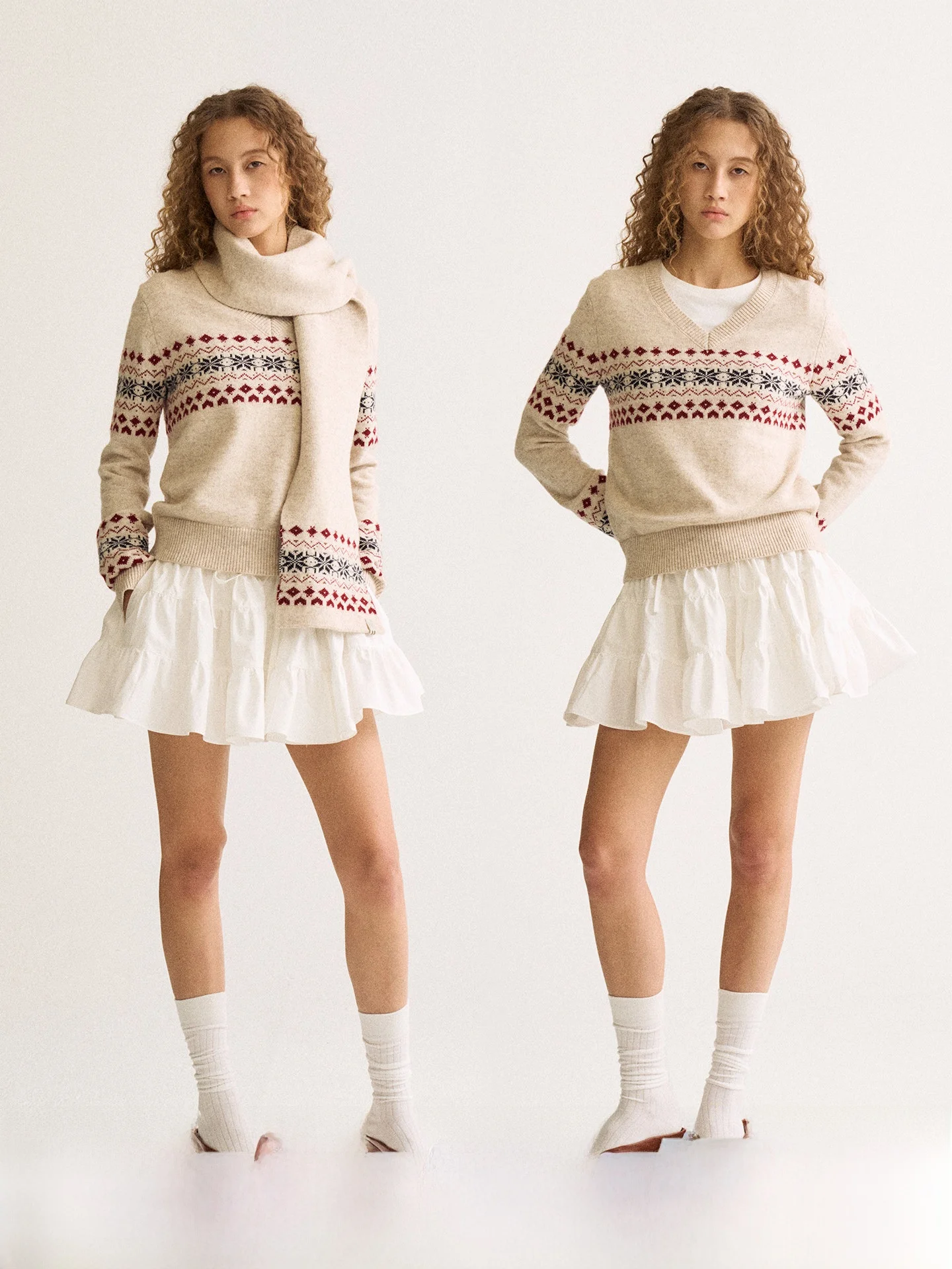 

Firstfloor Autumn Winter Fair Isle Snowflake Embroidery V-ne Loose Fit ort Casual Sweater Top Women's Faion