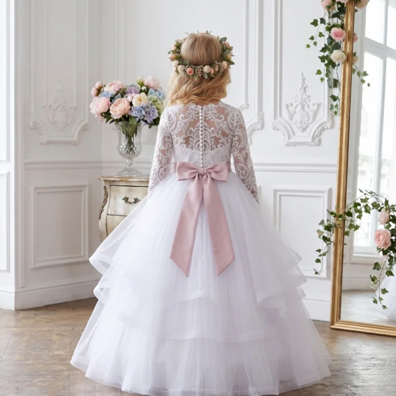 Lace Long Sleeve Flower Girl Dress Scalloped Neck Pink Satin Bow Multi Layer Tulle Floor Length Gown Wedding Communion
