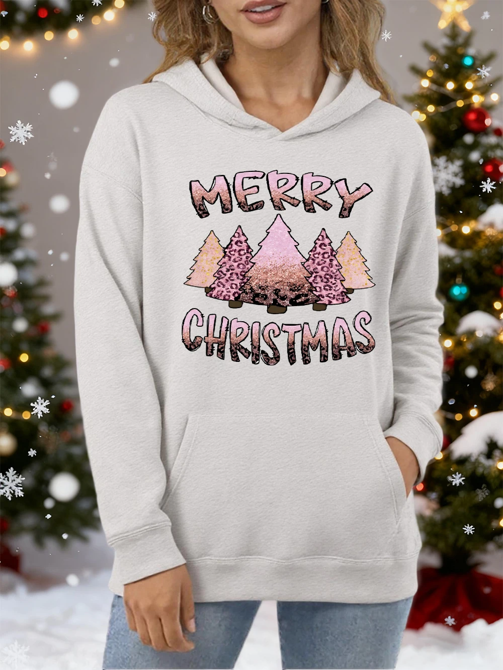 

Женская толстовка с креативным дизайном деревьев и Рождеством, свободная удобная спортивная одежда Y2K, повседневная универсальная одежда, хлопковая толстовка с карманами