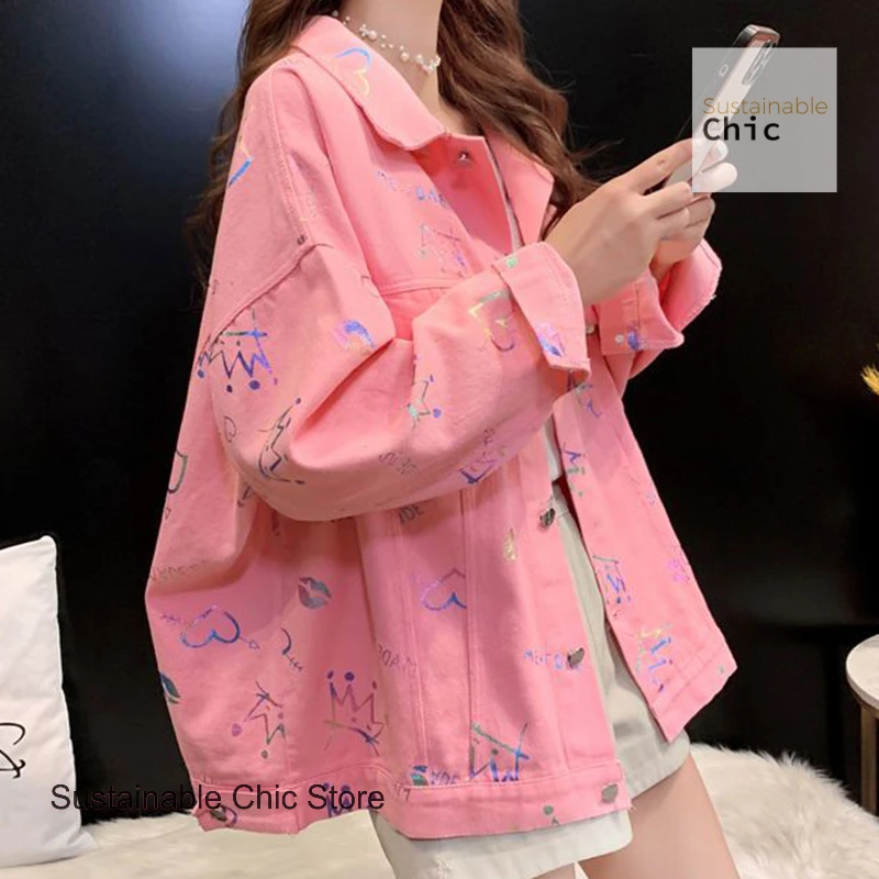 

Korean style red letter printed denim jacket female autumn new fashion casual loose thin Joker temperament tooling jacket top.