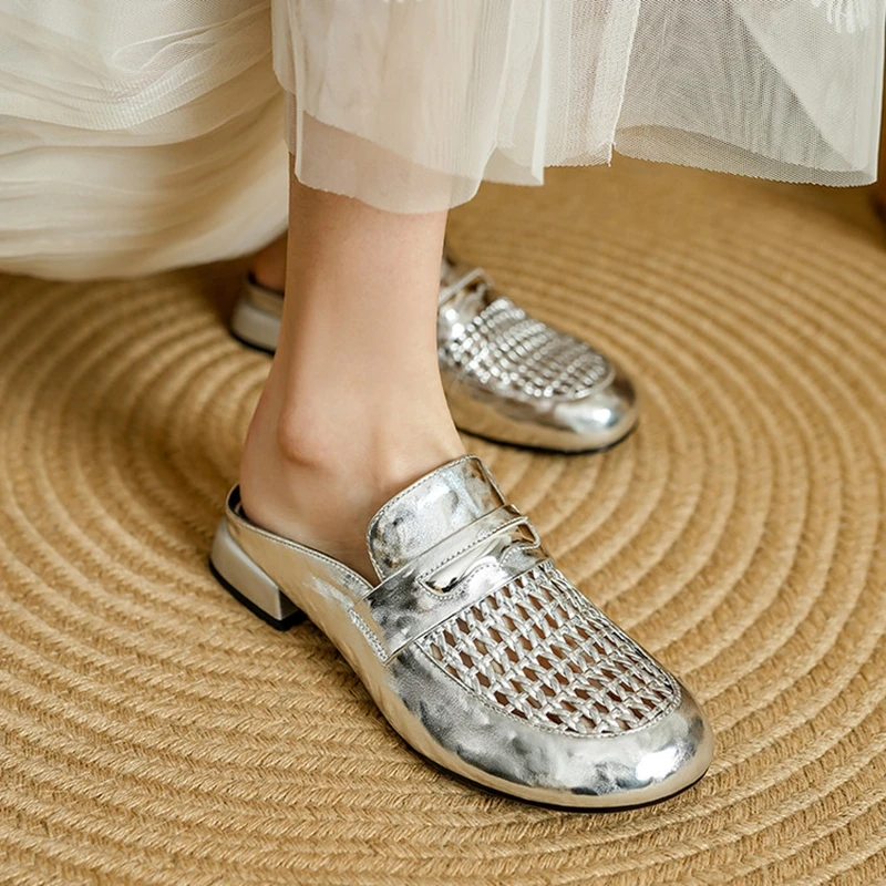 

NEW Summer Women Mules Genuine Leather Shoes for Women Round Toe Low Heel Shoes Cover Toe Slingback Sandals Fabric Weave Shoes