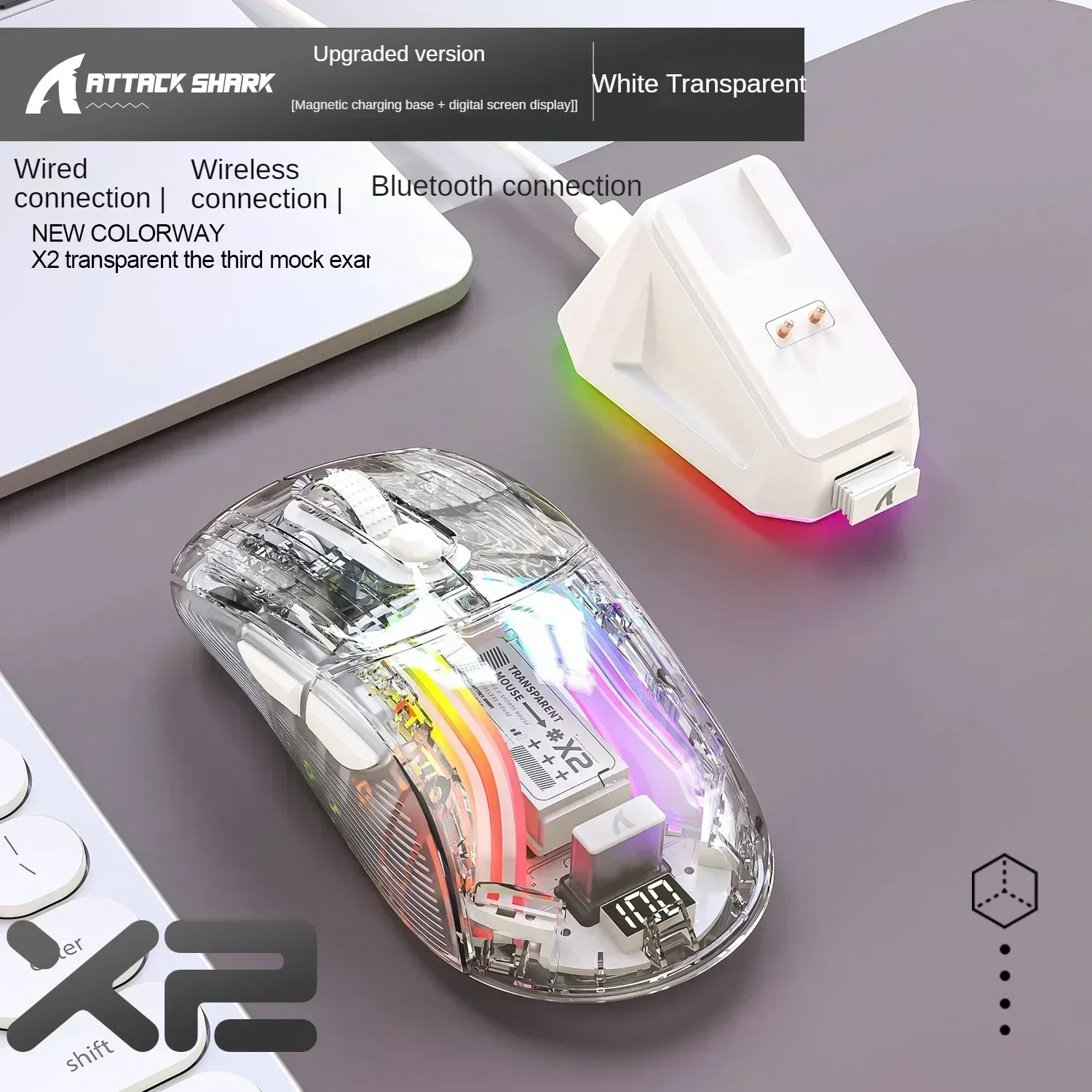 Attack Shark X2 Pro Mouse Wireless Tri-Mode RGB Display batteria trasparente Mouse da gioco per PC e-sport con base di ricarica magnetica