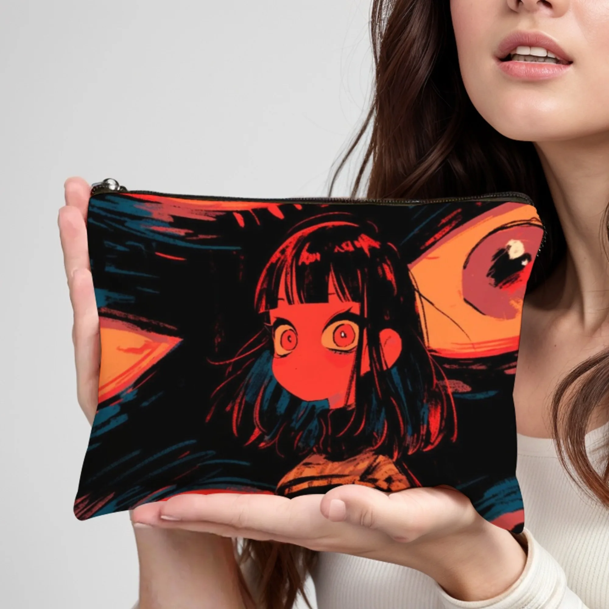 

"The girl with big red eyes" Print Stylish Zippered Makeup Bag Portable Cosmetic Case with Mirror Durable Travel Toiletry Bag