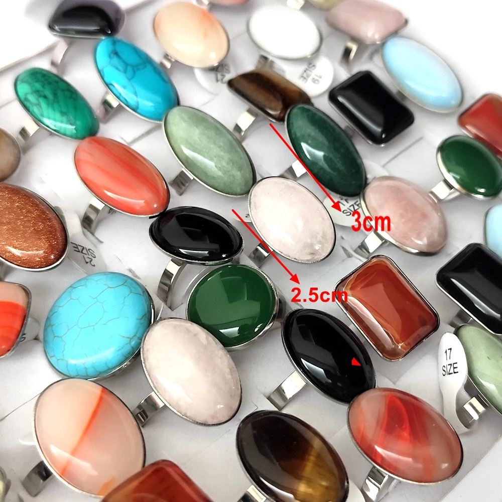 20 Stück/Los Großhandel Gemischte 316L Edelstahl Ringe mit Großen Natursteinen, Ovale und Quadratische Opal-Cabochon-Ringe, Party-Schmuck – Detail 3