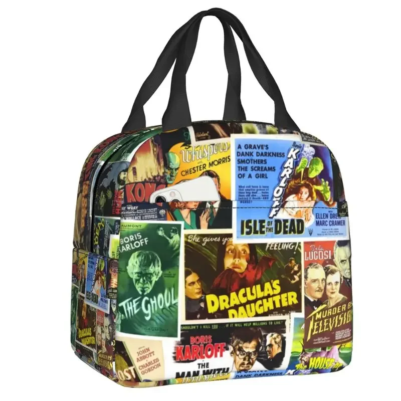 Vintage Horror Movie Insulated Lunch Bag for Camping Travel Frankenstein Cooler Thermal Bento Box Kids Food Container Tote Bags