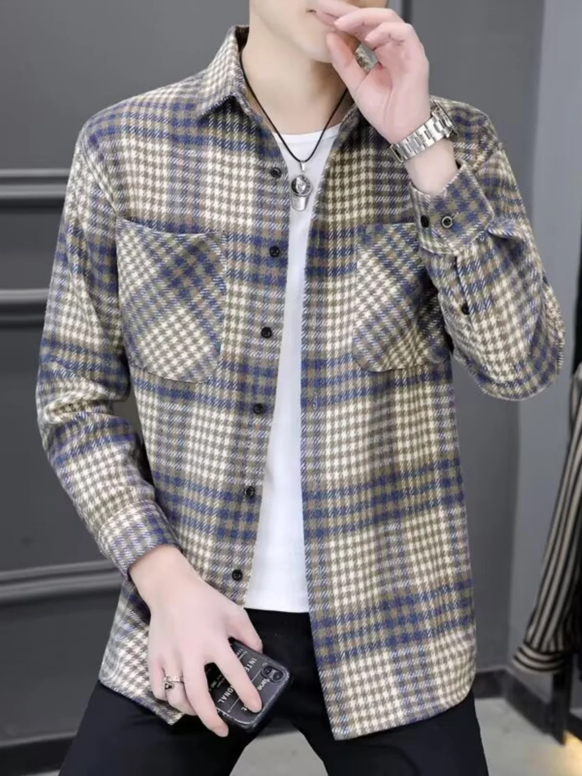 Thickened Woolen Plaid Shirt Long Sleeve Loose Fit Men's Autumn Winter Standard Version Korean Style Wear Resistant Iron Free