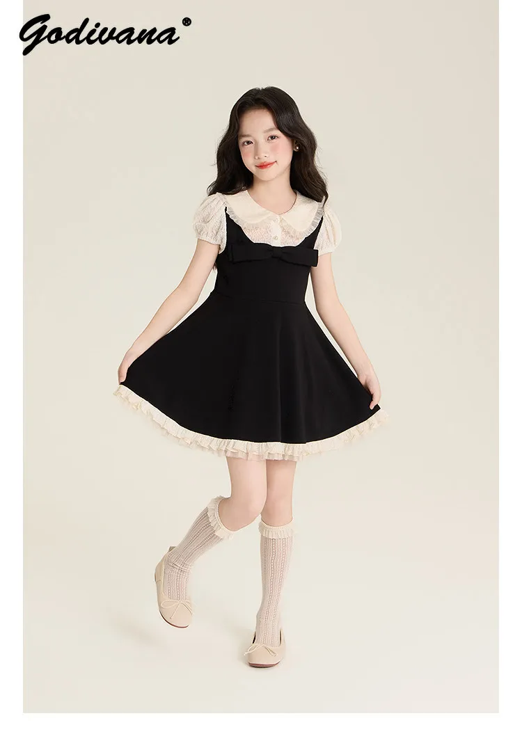 Sweet Little Girls Summer 2026 New High End Elegant Dress Kids Lace Embroidery Peter Pan Collar Ruffle Trim Puff Sleeve Dresses