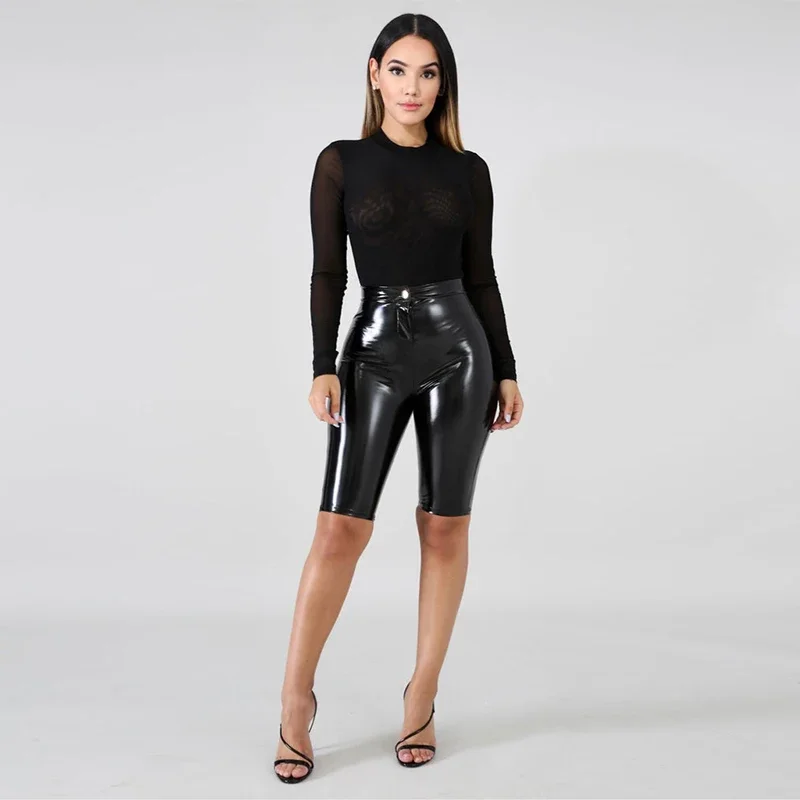 Shiny Patent Leather Shorts Women High Waist Faux Latex Knee Length Shorts Button Zip Stretch PU Bodycon Hot Pants Clubwear New