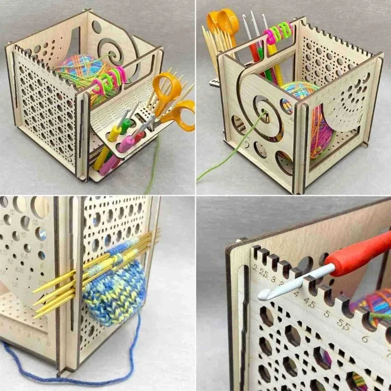 Wooden Yarn Bowl with Needle Gauge,Multifunctional Crochet Box with Spiral Slot,Knitting Needle Sizer Craft Organizer