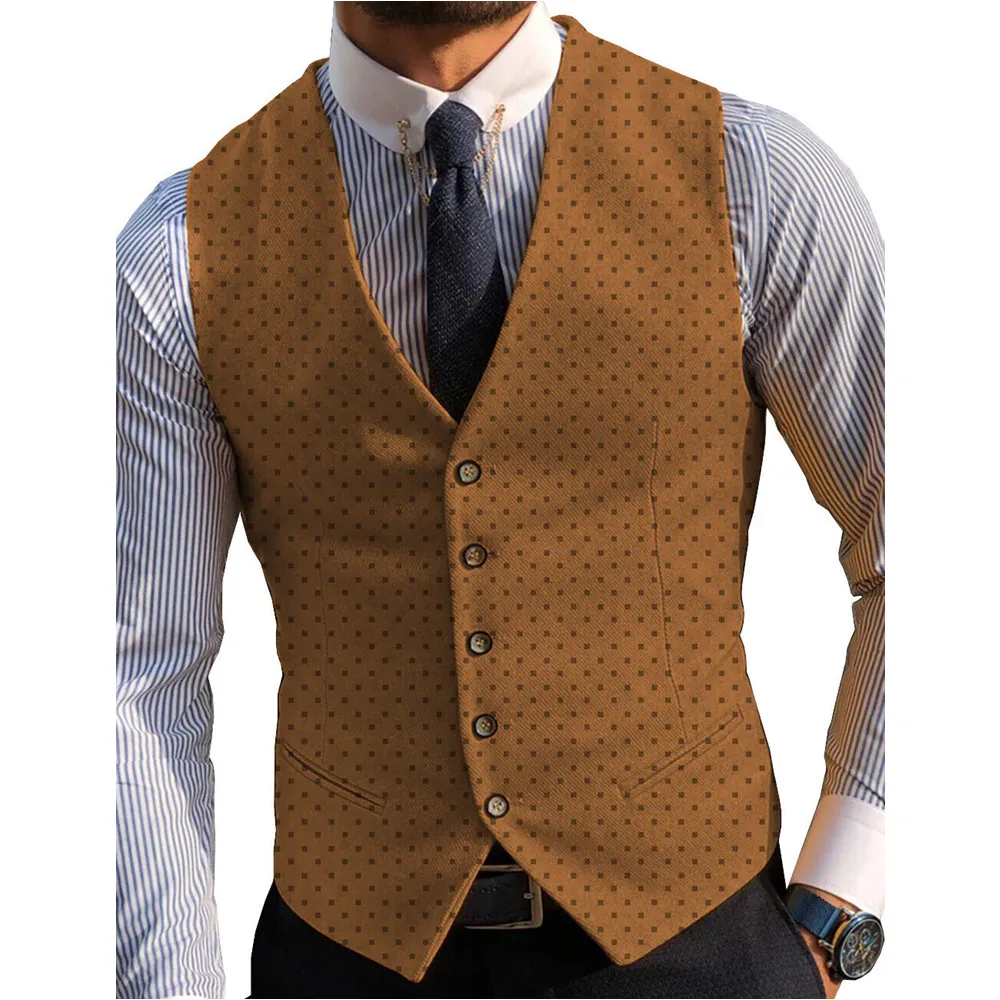 V Neck Men\'s Suits Vest Classic Dots Business Formal Casual Waistcoat For Jacket Vintage Wool Groomsmen  For Wedding