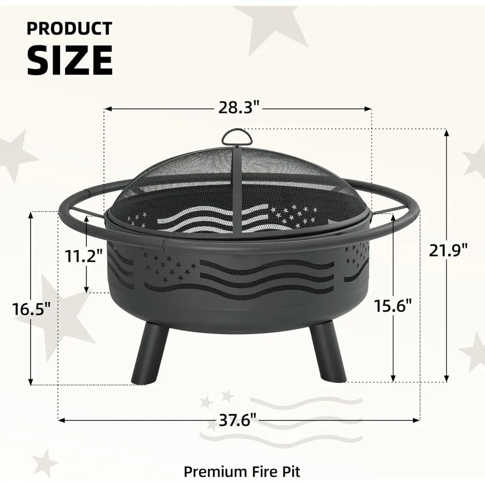 حفرة نار دائرية بعلم أمريكي مقاس 38 بوصة مع غطاء شبكي وبوكر، حفرة نار لحرق الخشب في الهواء الطلق والحديقة في الفناء الخلفي #2