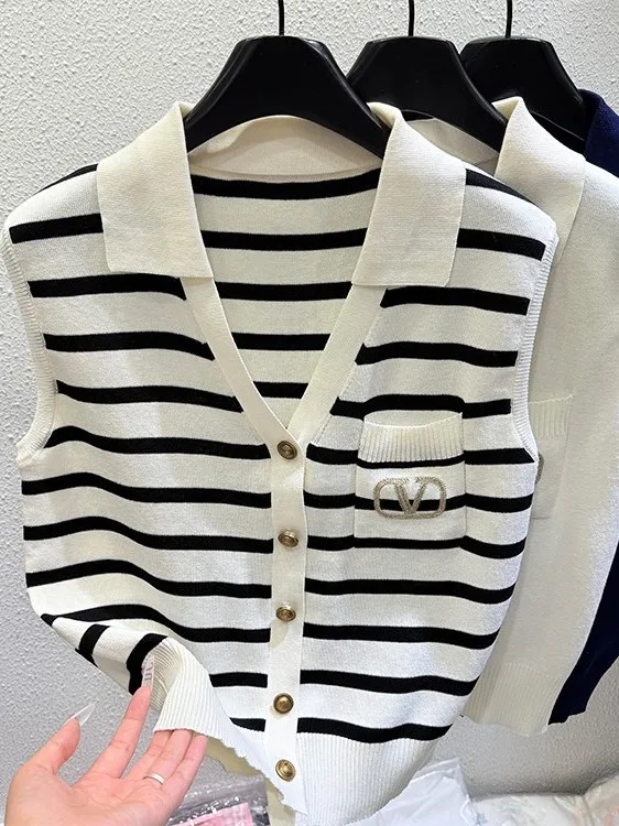 Atasan Rajut Wanita Slim Fit Musim Panas 2025, Tipis, Serbaguna, Desain Korea, Kasual, Bahan Sutra Es