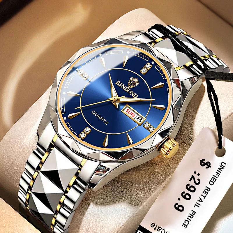 2026 Men Watch Diamond Luxury Night Glow Double Calendar Quartz Movement 41mm Gold Blue Stainless Steel Fashion Business Watch