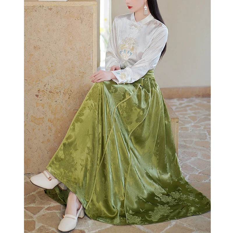 High-Quality Spring New Chinese Style Rayon Jacquard Horse Face Skirt High Waist 2024 New Retro Women's Green Half  Skirt S-XXL