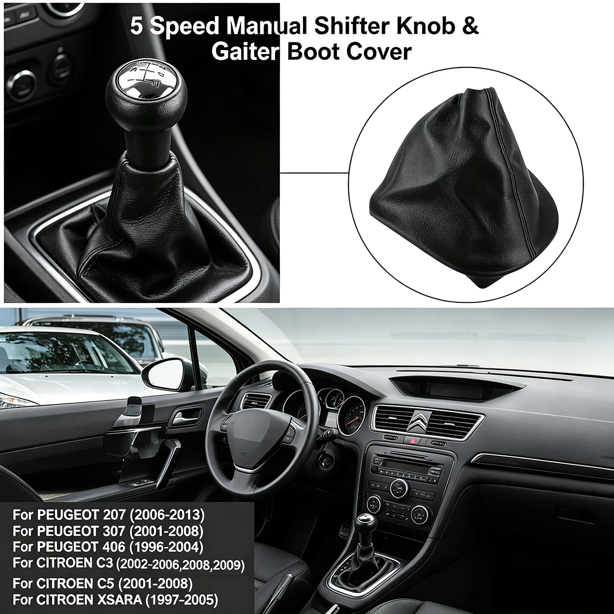 For Citroen XSARA C5 C4 C3 Peugeot 406 307 207 - 5 Speed Gear Shift Knob + Gaiter Boot, Manual Shifter Lever Cover