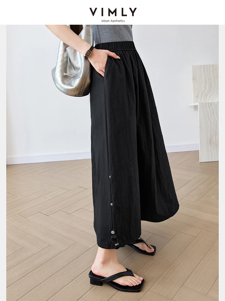 VIMLY Women's Commuter Casual Skirts 2025 Spring Wide Pleated Swing Vintage Chic Simple High Waist Elegant A-line Long Skirts