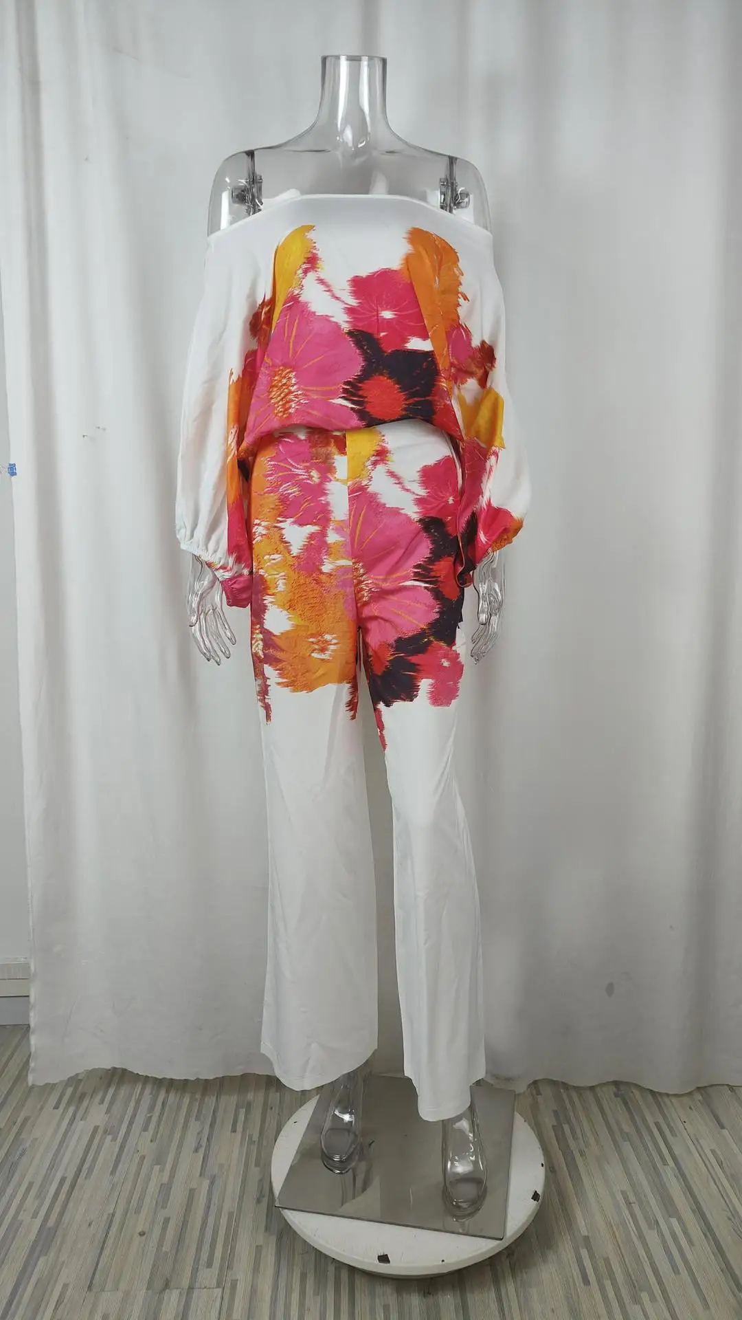 VEITCHE Frauen Print Outfit Ärmel Off Schulter Langarm Bluse Büro Dame 2-teilige Sets Frühling Herbst Breite Bein Hosen Anzug – Detail 39