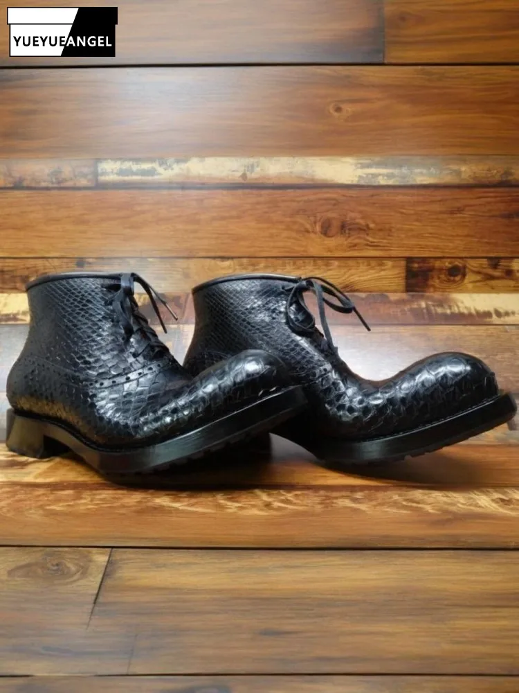 

Concise Style Genuine Leather Round Toe Hard Wearing Ankle Boots Solid Color Snakeskin Men Platform Cross-Tied High Top Shoes
