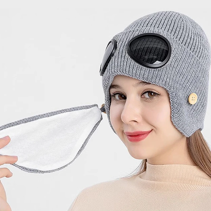 Unisex Knitted Goggles Beanie 3 in 1 Winter Warm Outdoor Sports Fashion Aviator Hat with Face Mask and Ear Cover
