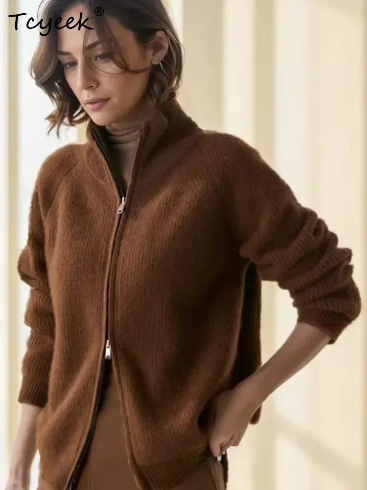 Chic Women's Turtleneck Sweater Lapel Clothes 100% Cashmere Cardigan Sweater Double Zipper Skin-Friendly Autumn Winter Warm Coat