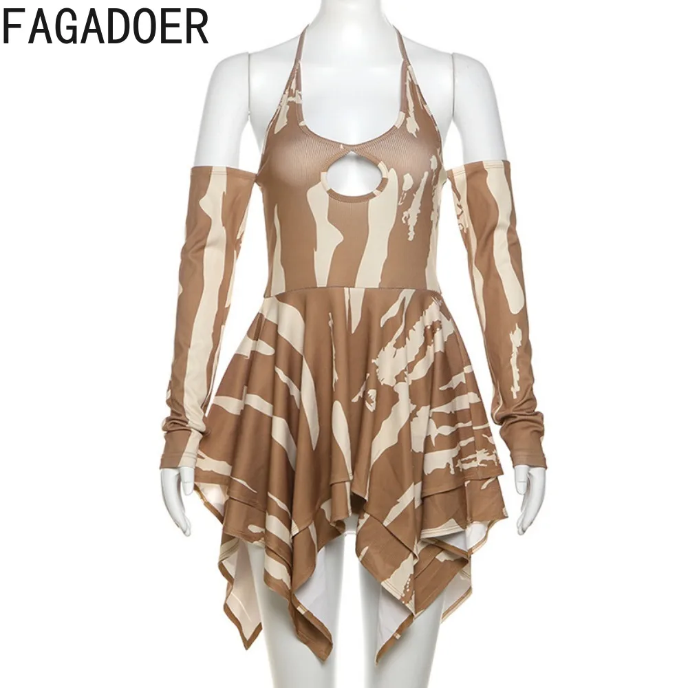 FAGADOER Khaki Sexy Printing Hollow Bodycon Irregular Mini Dresses Women Halter Off Shoulder Long Sleeve Slim Vestidos Clothing