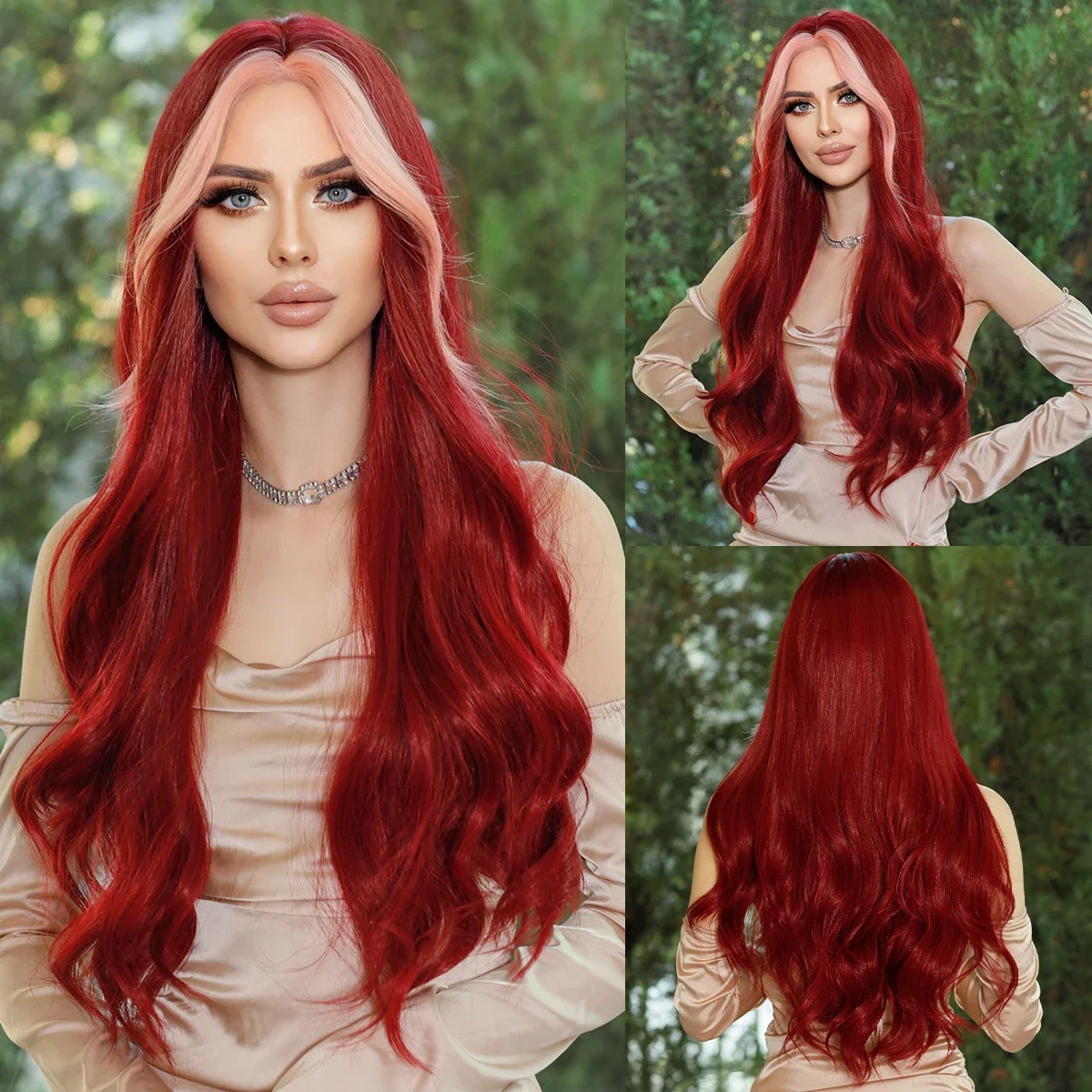 

NAMM Long Wavy Middle Part Wine Red Wig for Women Daily Cosplay Party Synthetic Highlight Pink Hair Wigs Lolita Heat Resistant