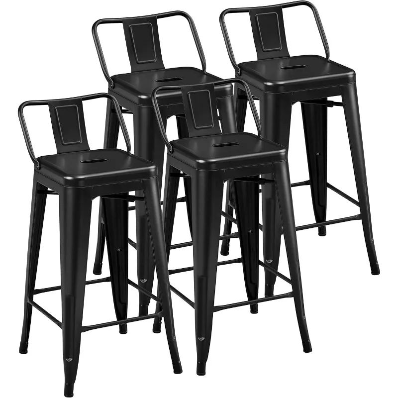 Ensemble de 4 tabourets de bar en métal de 26 pouces avec dossier bas, pour cuisine intérieure et extérieure, chaises industrielles modernes