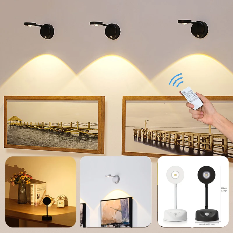 3-Colors USB Rechargeable Intelligent Human Sensing Wireless Wall Light Dimmable Led Spotlight For Lighting Paintings Pictures