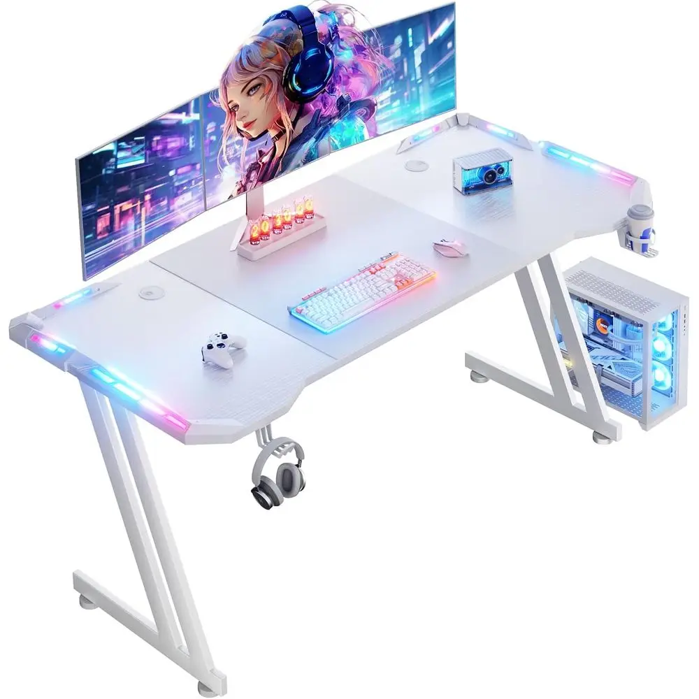 63 LED-lit Carbon Fiber Gaming Desk: Large Ergonomic Z-Shaped PC Workstation with Cup Holder & Peg Hook, White