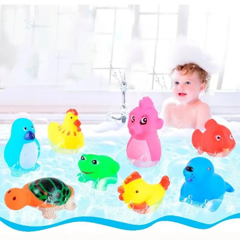 Juego de 8 piezas de baño para niños, juguetes de baño de animales aleatorios, con sonido de salpicaduras, pequeños