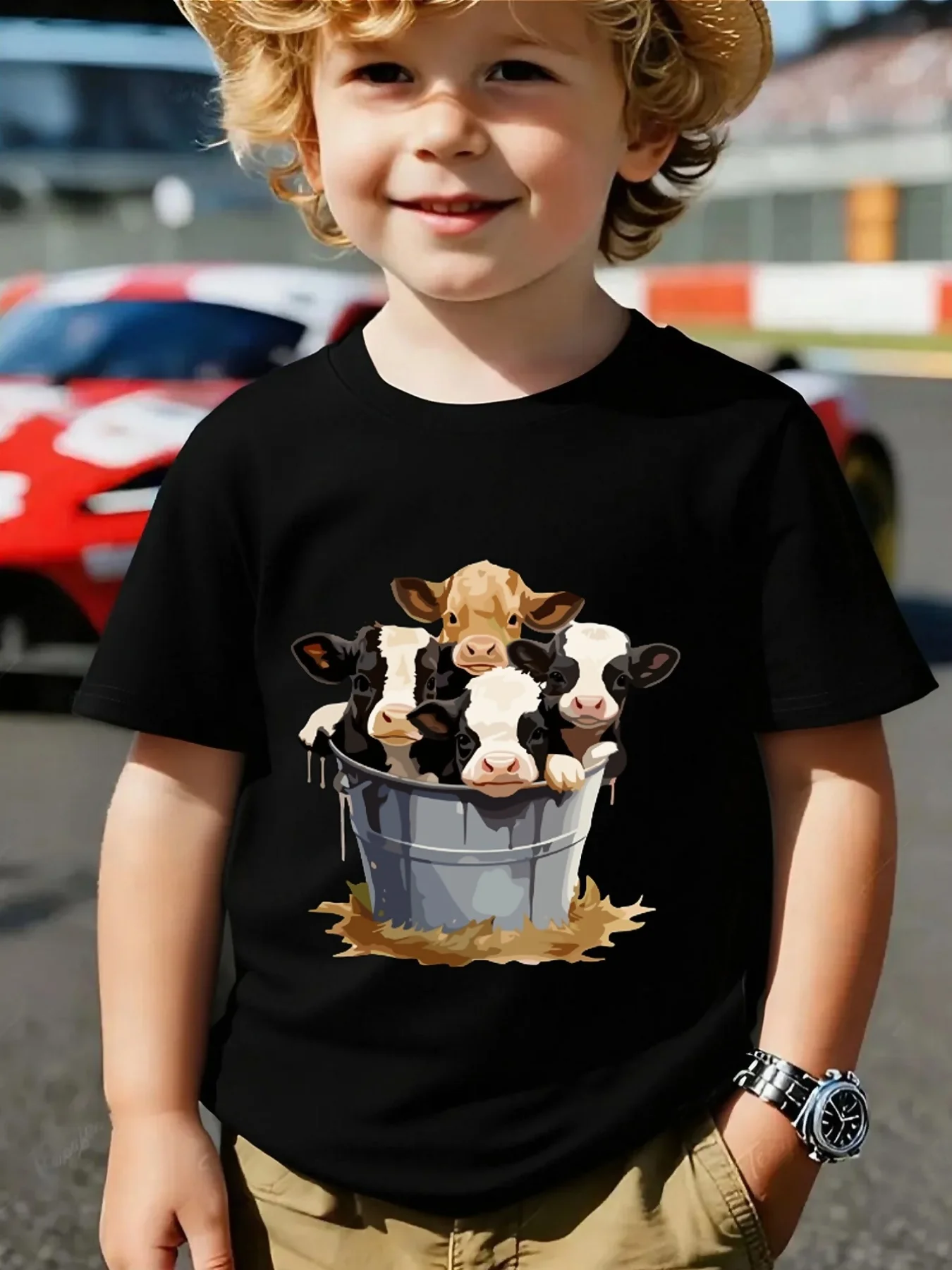 Cute Baby Cows In Metal Bucket Farm Print Family Matching T Shirt Boys Girls Short Sleeve Parent Child Soft Cotton Casual Tops