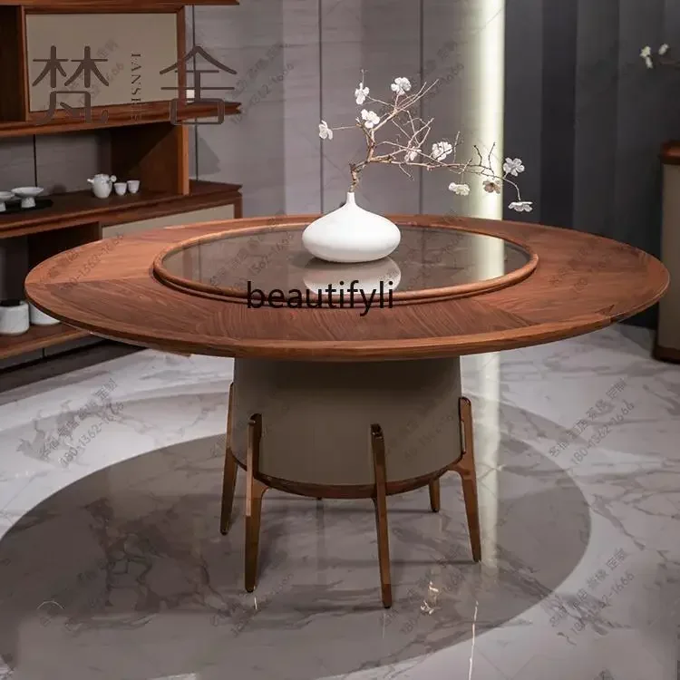 

A38 Chinese style modern black walnut solid wood restaurant round dining table simple light luxury style high-end customization