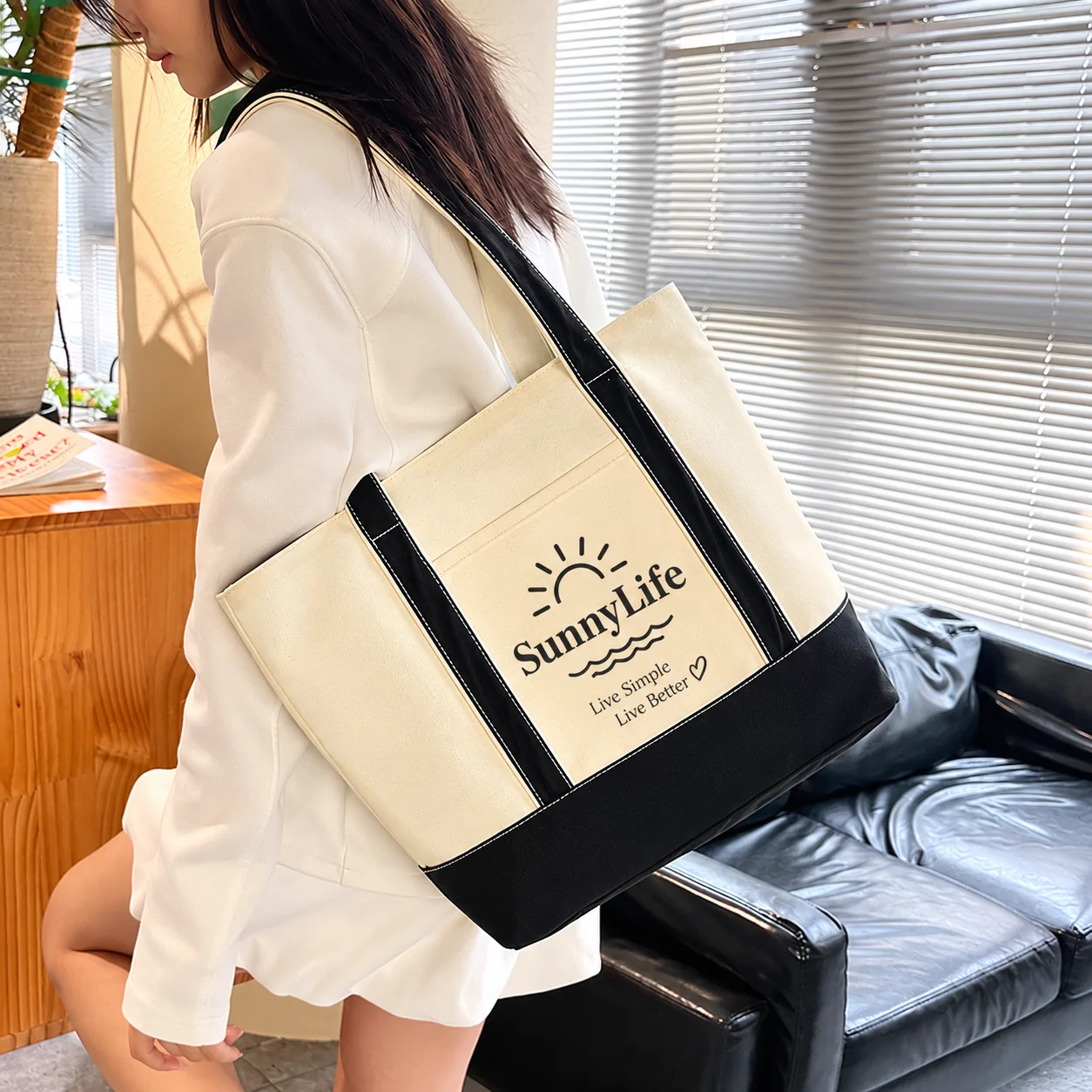 Custom Name Logo Canvas Tote Bag Front Pocket Women Beach Travel Work Shoulder Bag Personalized Reusable Casual Handbag Holida