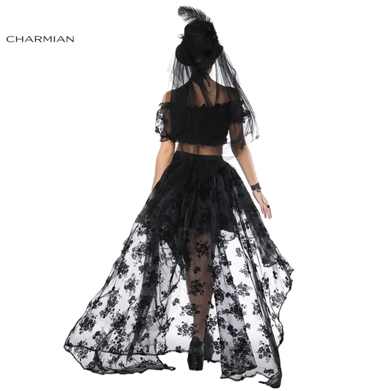 Charmian-المرأة مثير قبالة الكتف الأزهار الدانتيل تكدرت أعلى محصول ، ارتفاع الخصر مرونة تنورة منخفضة ، القوطية حفل زفاف مجموعة