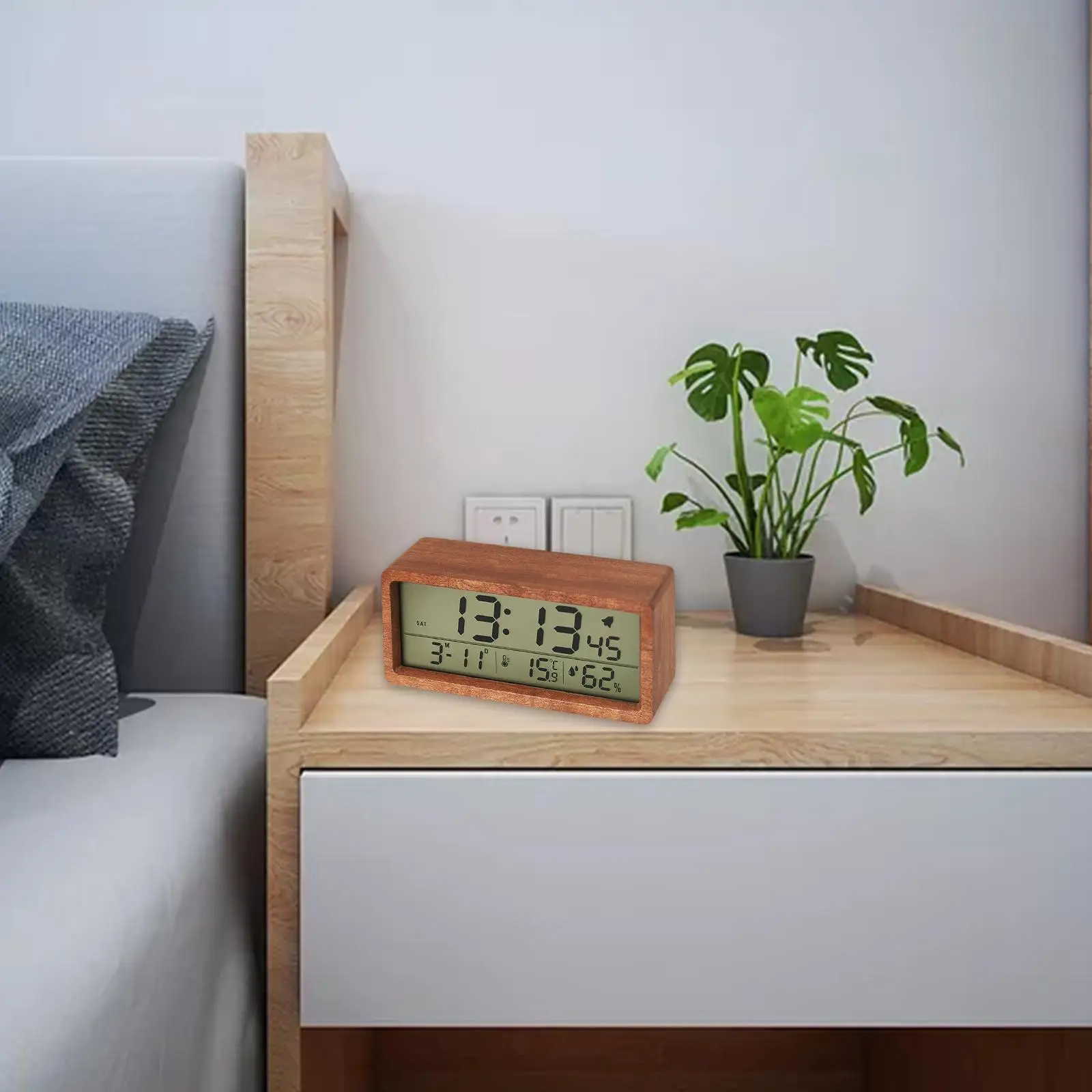 Wood Digital Alarm Clock Portable Snooze Mode Table Clocks Dark Color