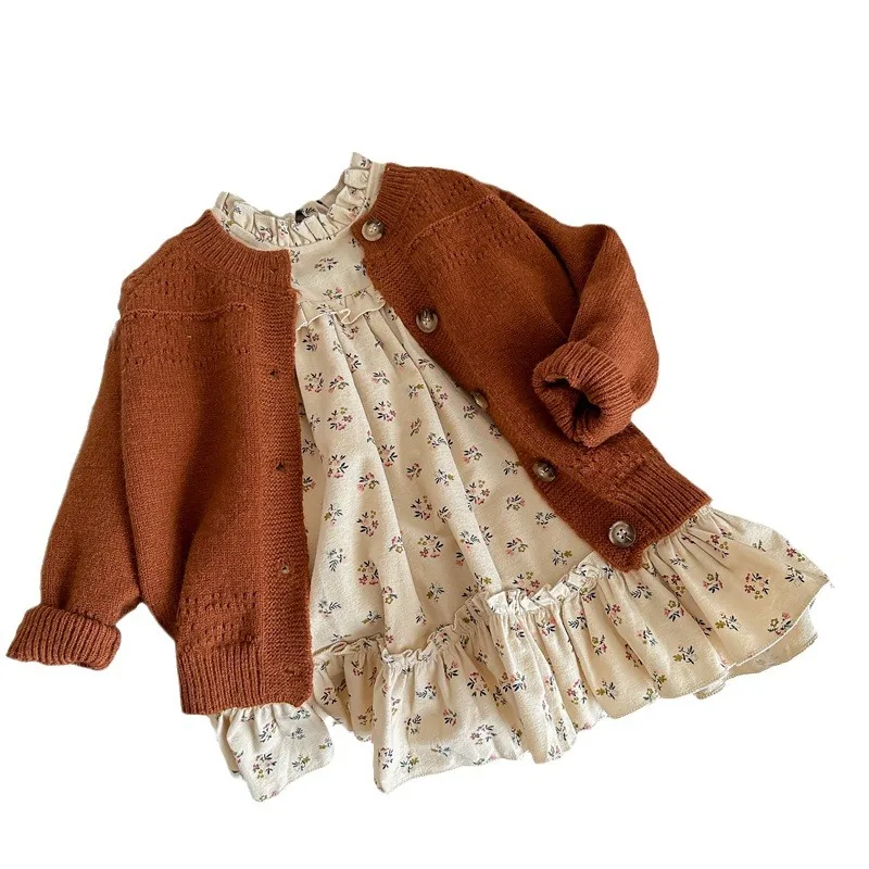 2024 Autumn Children Girls 2PCS Clothes Floral Printed Ruffle Hem Long Sleeve Dress Solid Knitted Sweater Suit Kids Girl Outfit