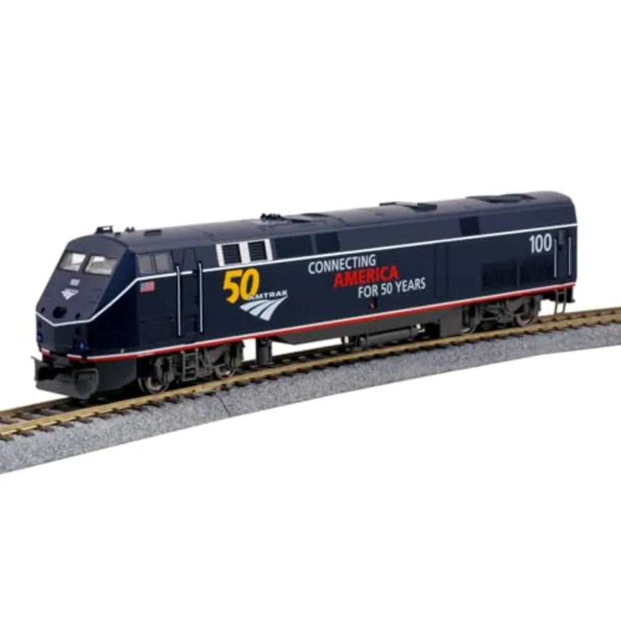 

USA model train for display: GE P42 Amtrak locomotive in midnight blue with 50th Anniversary logo, die-cast metal body, detaile