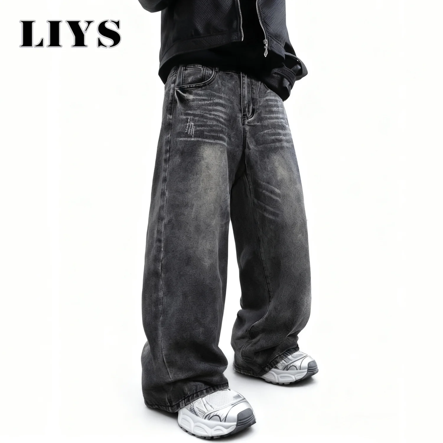 LIYS Men's Women's Retro Gray Ultra Baggy Wide-Leg Jeans Four Seasons Casual Oversized Loose Straight-Leg Denim Pants Unisex