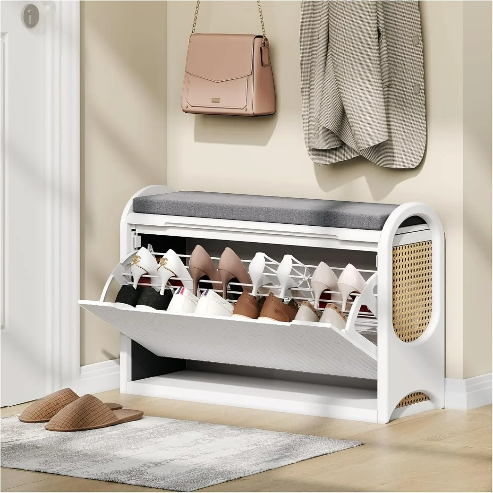 

Shoe rack bench, rattan shoe bench with seat and cushion shoe cabinet, with rack, wooden storage bench, white
