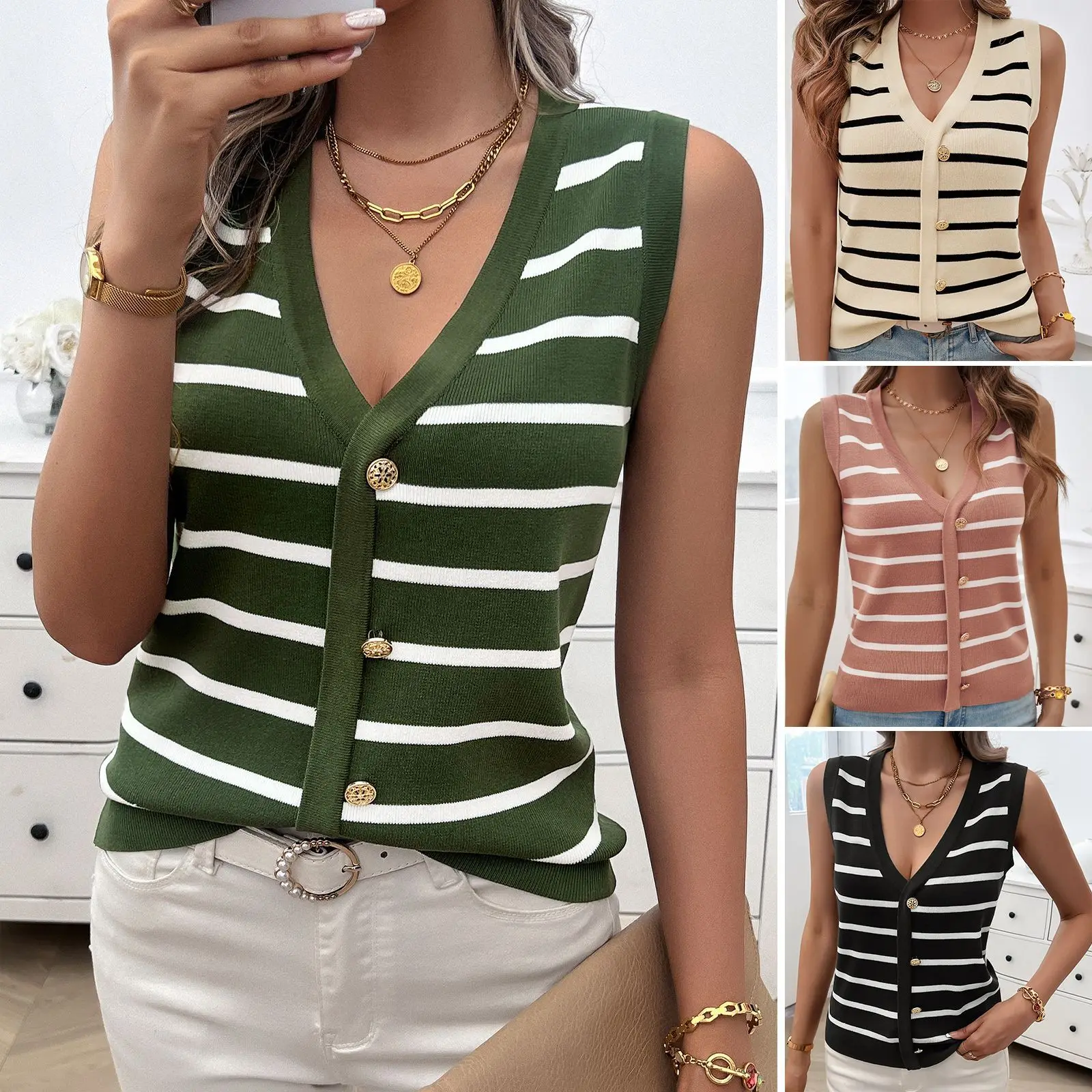 

Foreign Trade Amazon Spring And Summer Women's Clothing Casual V-neck Contrasting Color Sleeveless Sweater Women's Vest