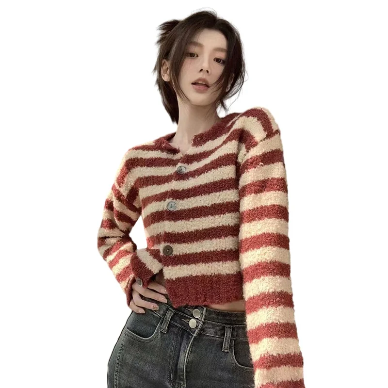 

Women's Sweater Cardigan Autumn Winter High Quality High Elasticity Striped Round Neck Knitwear Coat