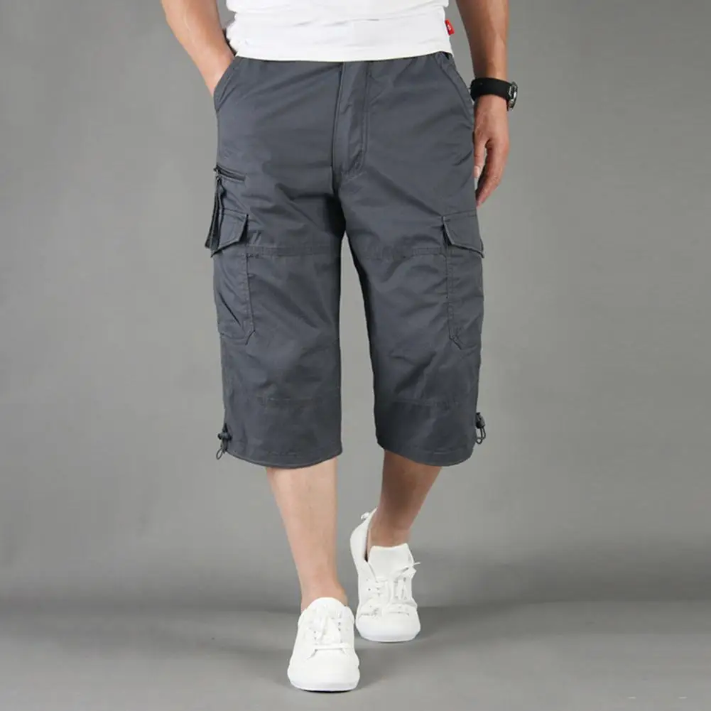 Knee Length Cargo Shorts Men's Summer Casual Cotton Multi Pockets Breeches Cropped Short Trousers Shorts