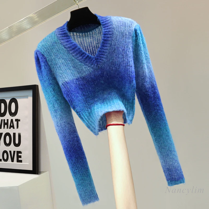 Gradient V-neck Blue Knitted Sweater Women Spring Winter Short Casual Long-sleeved Pullover Sweaters cropped jumper