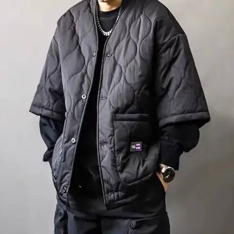 중국어 Collarless 도교 가운 스타일 코튼 패딩 재킷 남자 가을 겨울 반팔 파카 새로운 레트로 대형 따뜻한 조끼
