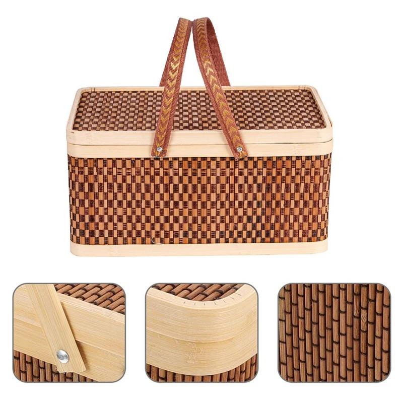 1 Piece New Bamboo Basket Bamboo Picnic Basket Dark Brown With Lid Handheld Snacks Bread Storage Basket