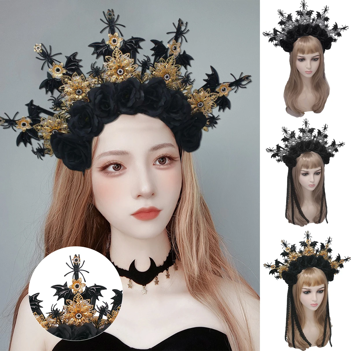 Hair Hoop Diy Material Package Gothic Black Crown Headband Vintage Church Mary Headwear Cosplay Lolita Headpiece Accessories